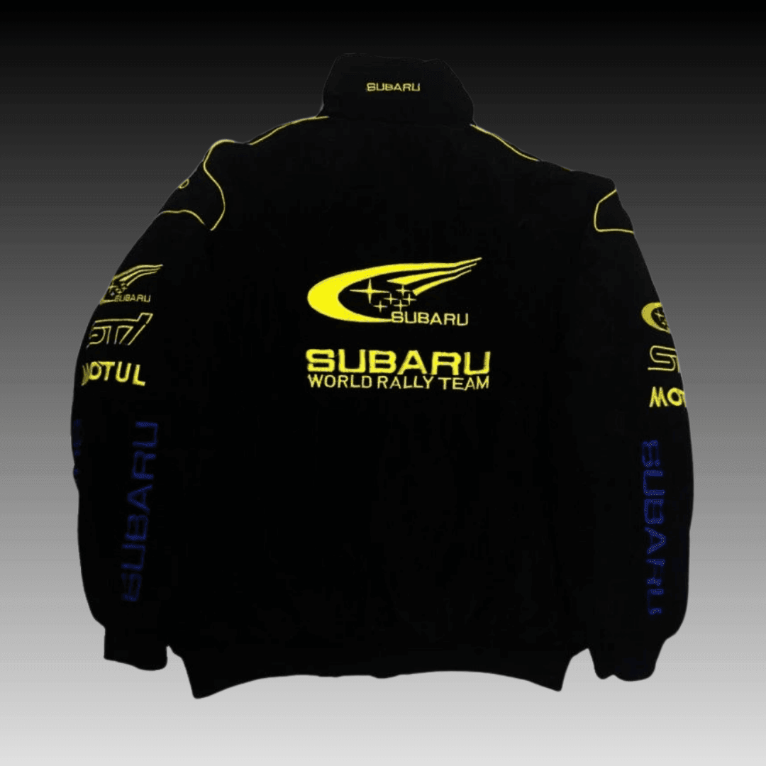 Vintage Subaru Rally Champion STI Racing Bomber Jacket Back Side